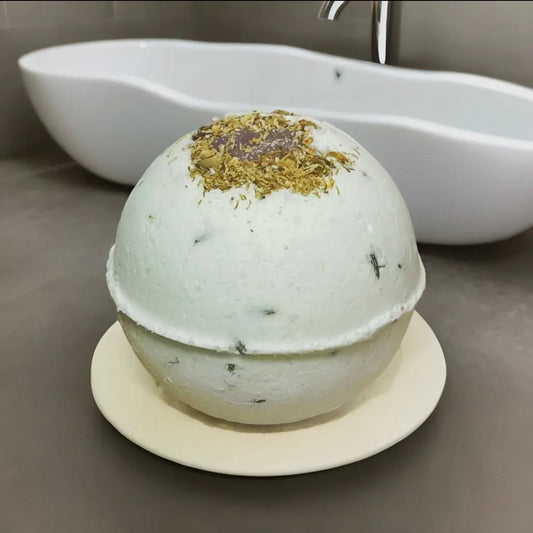 Bath Bomb Recipe featuring key ingredients&nbsp;Amethyst, Chamomile, and Melatonin.