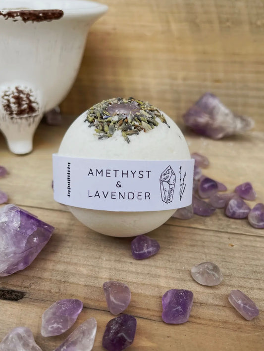 Bath Bomb Recipe featuring key ingredients Amethyst, Lavender, and a natural purple stress relief stone.